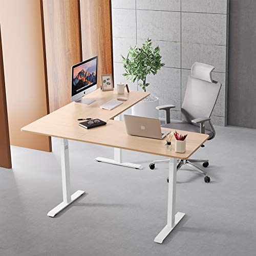 UNICOO – L Shaped Crank Height Adjustable Standing Desk, Sit to Stand up Corner Desk, L-Shaped Standing Workstation (White Frame/Light Oak Top - L Shape Crank)