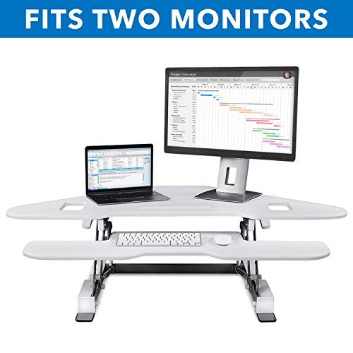 Mount-It! White Corner Standing Desk Converter | Height Adjustable 48” Wide Desktop | Corner Stand Up Desk with Gas Spring Handle | Stand Up Computer Workstation with Ergonomic Keyboard Tray | White