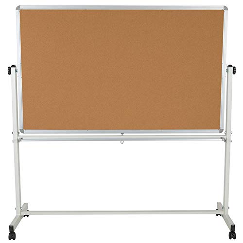Offex 20" L x 64.25" W x 64.75" H Reversible Mobile Cork Bulletin Board and White Board with Pen Tray