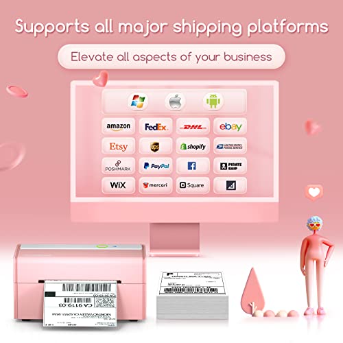 JADENS Bluetooth Thermal Label Printer -Wireless Shipping Label Printer for Small Business & Package, USPS, Etsy, Amazon, Compatible with iPhone, Windows, Android, 4x6, Label Maker, Pink