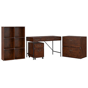 kathy ireland Home by Bush Furniture Ironworks 48W Writing Desk, 2 Drawer Mobile File Cabinet, 6 Cube Bookcase, and Lateral File Cabinet in Vintage Golden Pine