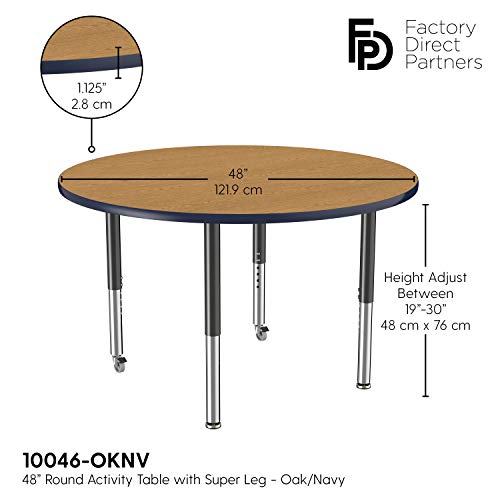 FDP Mobile Round Activity School and Office Table (48 inch), Super Legs with Glides and Casters, Adjustable Height 19-30 inches - Oak Top and Navy Edge