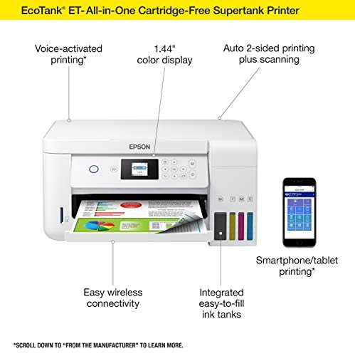 Epson EcoTank ET Series Wireless Color All-in-One Supertank Inkjet Printer/Print, Copy, Scan/White
