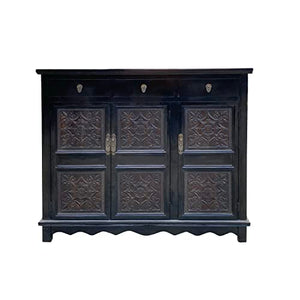 orientliving Asian Black Flower Motif Carving Side Table Credenza Storage Cabinet Acs7503