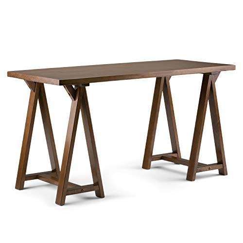 SIMPLIHOME Sawhorse SOLID WOOD Industrial Contemporary 56 inch Wide Home Office Desk, Writing Table, Workstation, Study Table Furniture in Medium Saddle Brown