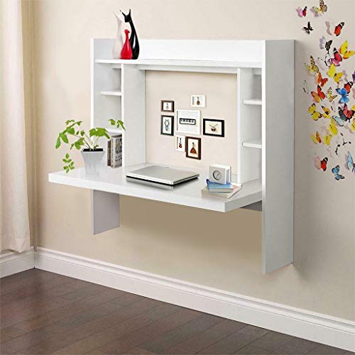 Tponi Wall Mounted Computer Table, Multi-Tiers of Storage Floating Desk, Wood Compact Home Office Desk, Laptop PC/Writing Study Table, Workstation with Shelves for Home, Office, Small Spaces(White)