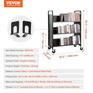 VEVOR Rolling Book Cart, 330 lbs Library Cart, Double Sided W-Shaped Sloped Shelves, 4-Inch Lockable Wheels - Black