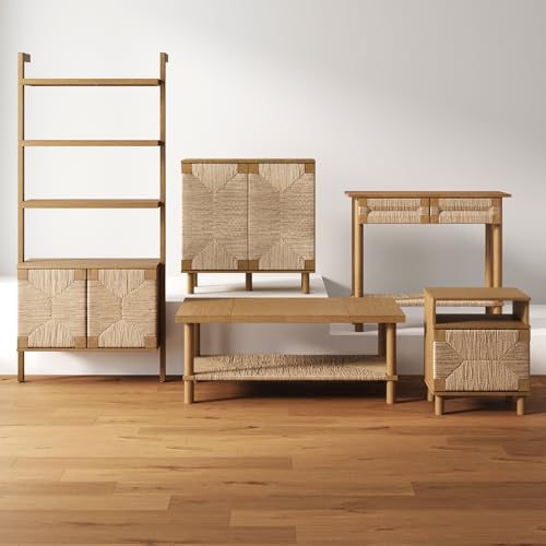 Nathan James Solid Wood Bookshelf with Storage Cabinet & Seagrass Door Fronts, Set of 4