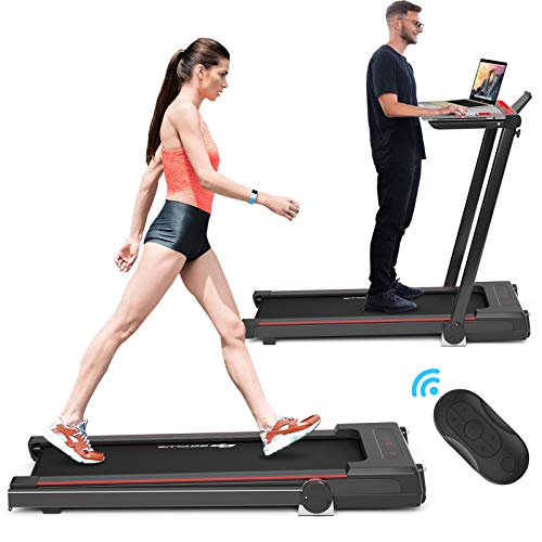 Goplus 3-in-1 Treadmill with Desk, 2.25HP Folding Electric Treadmills, Large LCD Display,Remote Control, Bluetooth Speakers, Walking Jogging Machine for Home/Office Use (Black)