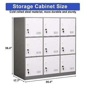 iCHENGGD Metal Locker 9 Door Storage Cabinet with Lock and Ventilation, Grey
