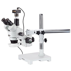 AmScope SM-3TZ-54S-10M Digital Professional Trinocular Stereo Zoom Microscope, WH10x Eyepieces, 3.5X-90X Magnification, 0.7X-4.5X Zoom Objective, 54-Bulb LED Light, Single-Arm Boom Stand, 110V-240V, Includes 0.5X and 2.0X Barlow Lenses and 10MP Camera wit