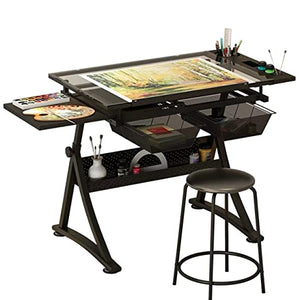 FLaig Glass Drafting Table with Stool, Height Adjustable, Tiltable Desk 0°-50°, Tempered Glass Top, Art Craft Work Station