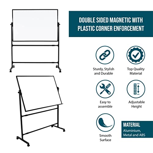 CORAV Mobile Whiteboard 70x36" - Rolling Dry Erase Board with White 360° Flippable, Double Sided Surface - Magnetic Whiteboard with Lockable Wheels - Height-Adjustable Classroom & Office Supplies
