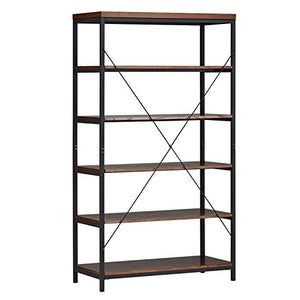 ModHaus Living Industrial Rustic Style Black Metal Frame 6 Tier 40 inches Horizontal Bookshelf Storage Media Tower | Dark Brown Finish, Living Room Decor - Includes Pen (40-inches Wide)