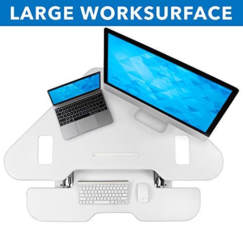 Mount-It! White Corner Standing Desk Converter | Height Adjustable 48” Wide Desktop | Corner Stand Up Desk with Gas Spring Handle | Stand Up Computer Workstation with Ergonomic Keyboard Tray | White