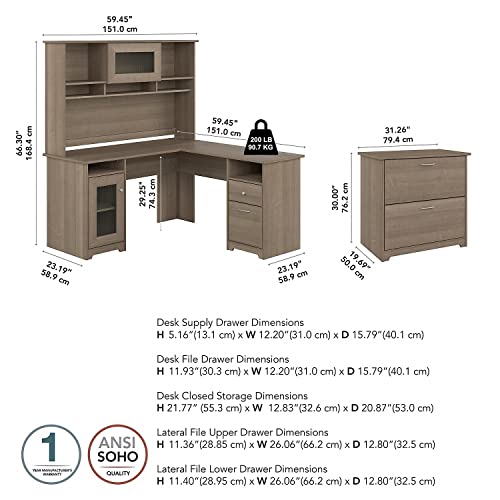 Bush Furniture 60-Inch L-Shaped Desk with Hutch, Lateral File Cabinet, Ash Gray - CAB005AG