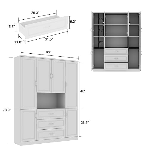 Homsee Tall Bookcase Bookshelf with Storage Shelves, Drawers, Glass Doors - White (63”W x 15.7”D x 78.7”H)