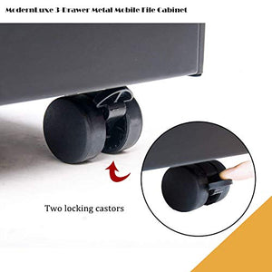 Teeker Mobile Metal 3 Drawer File Cabinet with Lock (Black)