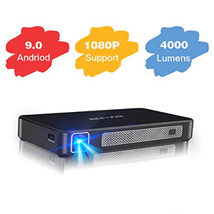Mini Projector Android 9.0 System 4000 Lumens 4+16G DLP Portable Video Projector Smart Projector Support 1080P HDMI USB Bluetooth iPhone Laptop Wireless Screen Share for Home Theater Outdoor Gaming