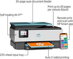 HP OfficeJet Pro 80 28e All-in-One Wireless Color Inkjet Printer, Print Scan Copy Fax, Ethernet, 20 ppm, Auto 2-Sided Printing, 35-Sheet ADF, 4800 x 1200 dpi, Blue, Durlyfish USB Printer Cable