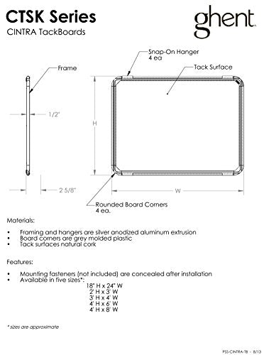 Ghent 4"x8" Aluminum Radial Edge Euro-Style Frame Natural Cork Bulletin Board, Made in the USA