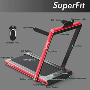 Byroce Adjustable Folding Treadmill, 2.25HP Speed Adjustable Under-Desk Electric Treadmill with Folding Handrails, Bluetooth Speaker, Remote Control and LED Display, Use Jogging Machine (Red)