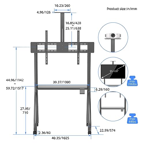 Suptek Mobile TV Cart Floor Stand for 55-120 inch TVs and LED LCD Screens - Max 1100x600 VESA, Height Adjustable