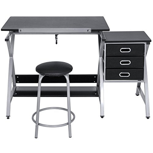 Best Choice Products Adjustable Office Drawing Board Desk Station Drafting Table Set w/Stool Chair for Arts and Crafts, Drawing, Painting, Doodling, Silver/Black