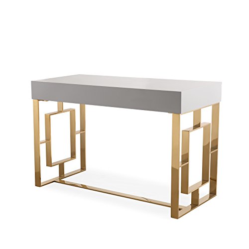 TOV Furniture The Audrey Collection Modern Computer Office Writing Desk with Lacquered Wooden Top, Gold Base & 3 Storage Drawers, Gray