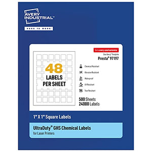 Avery UltraDuty GHS Labels, Waterproof, 1 X 1 Inch Square Labels, Pack of 24000 White Labels for Use with Laser Printers