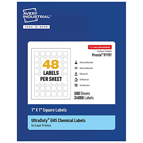 Avery UltraDuty GHS Labels, Waterproof, 1 X 1 Inch Square Labels, Pack of 24000 White Labels for Use with Laser Printers