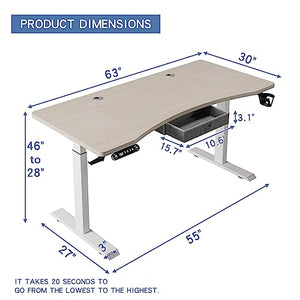 Jceet Electric Standing Desk with Drawer, 63x30 Inches Adjustable Height Sit Stand Up Desk - Pale Pearwood Top/White Frame