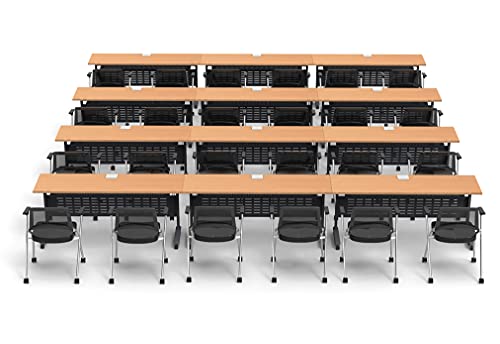 Team Tables 24 Person Training Meeting Seminar Classroom Model 5553 Folding Industrial Caster Z-Base with Modesty Panel, Shelf, Power+USB Outlet, and Seating - Beech Finish