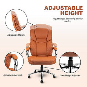 US Office Elements Big and Tall Executive Office Chair - 400lbs Capacity, PU Leather, High Back, Swivel, Tilt, Adjustable Height - Camel Brown