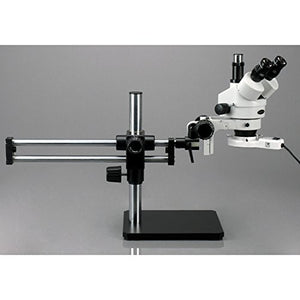 AmScope SM-5TZ-FRL Professional Trinocular Stereo Zoom Microscope, WH10x Eyepieces, 3.5X-90X Magnification, 0.7X-4.5X Zoom Objective, 8W Fluorescent Ring Light, Ball-Bearing Double-Arm Boom Stand, 110V-120V, Includes 0.5X and 2.0X Barlow Lenses