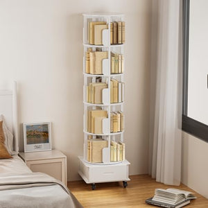 MMV Rotating Book Shelf with Drawer, 5-Tier Mobile Bookshelf, 79" Tall, White