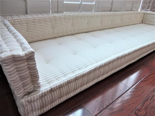 Lschool Tufted Box Custom Bench Cushion, Gray Ticking Stripe