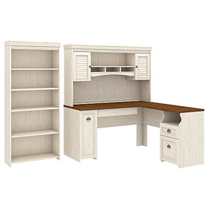 Bush Furniture Fairview L Shaped Desk with Hutch and 5 Shelf Bookcase in Antique White
