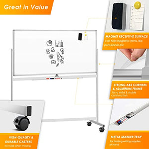 Double Sided Rolling Whiteboard, Mobile Whiteboard Magnetic White Board - 72 x 36 inches Large Reversible Dry Erase Board Easel Standing Board on Wheels with Silver Aluminum Frame and Stand