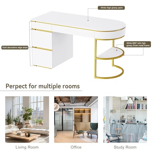 Merax 60'' Modern Executive Home Writing Curved Computer Desk with Metal Legs, 3-Drawers, and Storage Cabinet - White+Gold