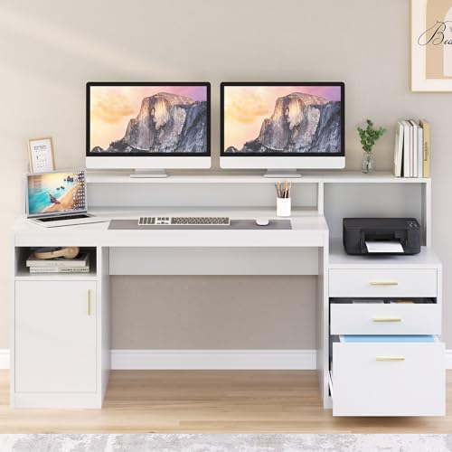 YOMILUVE Executive Computer Desk with Storage Shelves & File Drawer