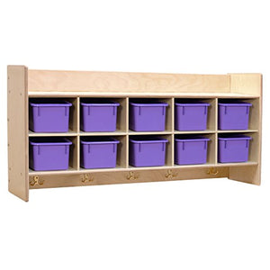 Contender 10 Section Cube Wall Mounted Shelf with Plastic Storage Containers for Organizing Toys, Games, School Art and Craft Supplies in Natural Finish
