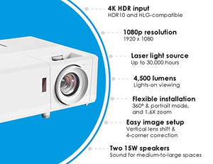 Optoma ZH406 1080p Professional Laser Projector | DuraCore Laser Light Source Up to 30,000 Hours | Crestron Compatible | 4K HDR Input | High Bright 4500 lumens | 2 Year Warranty White