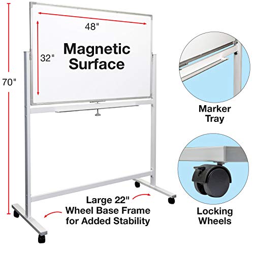 Excello Global Products Large 48"x32" White Board on Wheels: 1 Reversible Magnetic Dry Erase Board with Rolling Stand, 4 Dry Erase Markers, 1 Eraser, 4 Magnets, 1 Marker Tray