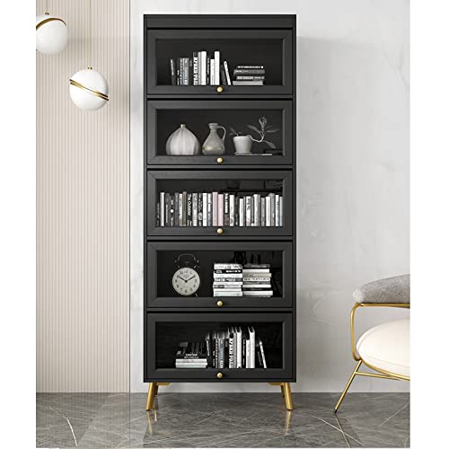 HARAY Light Luxury Black Bookshelf with Glass Door Shelf