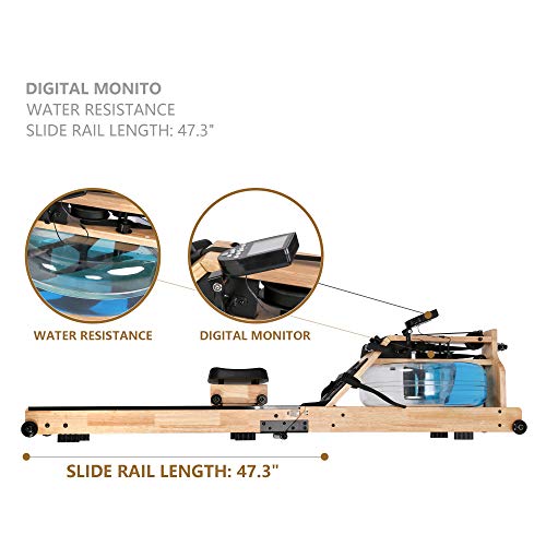 LUCYKERMORE Oak Wood Water Rowing Machine for Home Use with Adjustable Pedal Exercise Equipment for Whole Body Cardio Training, 330 lbs