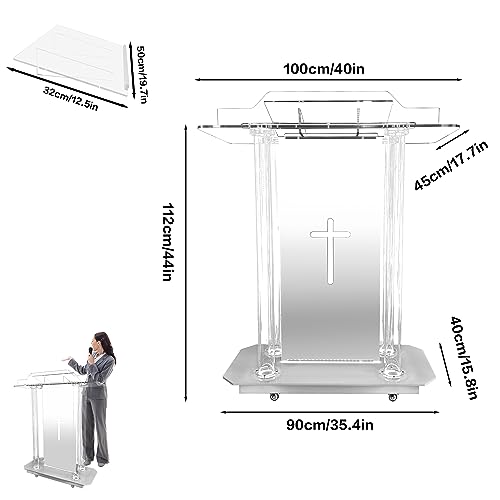 VZADGWA Clear Church Pulpit with Wheel, LED Lights & Hollow Cross Design