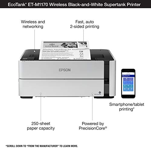 Epson EcoTank ET-M1170 Wireless Monochrome Supertank Printer, Plus Ethernet (Renewed)