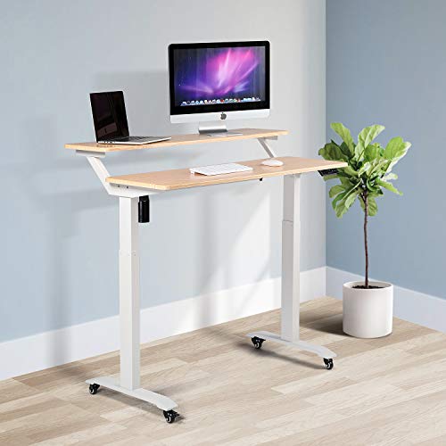 UNICOO - 2 Tier Electric Height Adjustable Standing Desk, Electric Standing Workstation Home Office Sit Stand Up Desk (Light Oak Top/White Legs - Electric- 2 Tier)