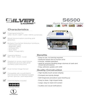 SILVER by AccuBANKER S6500+Thermal Printer Cash Counter Money Counter Machine Quick Mixed Denomination Bill Counter with Counterfeit Detector UV, MG, Infrared, Size & Metal Thread (S6500)